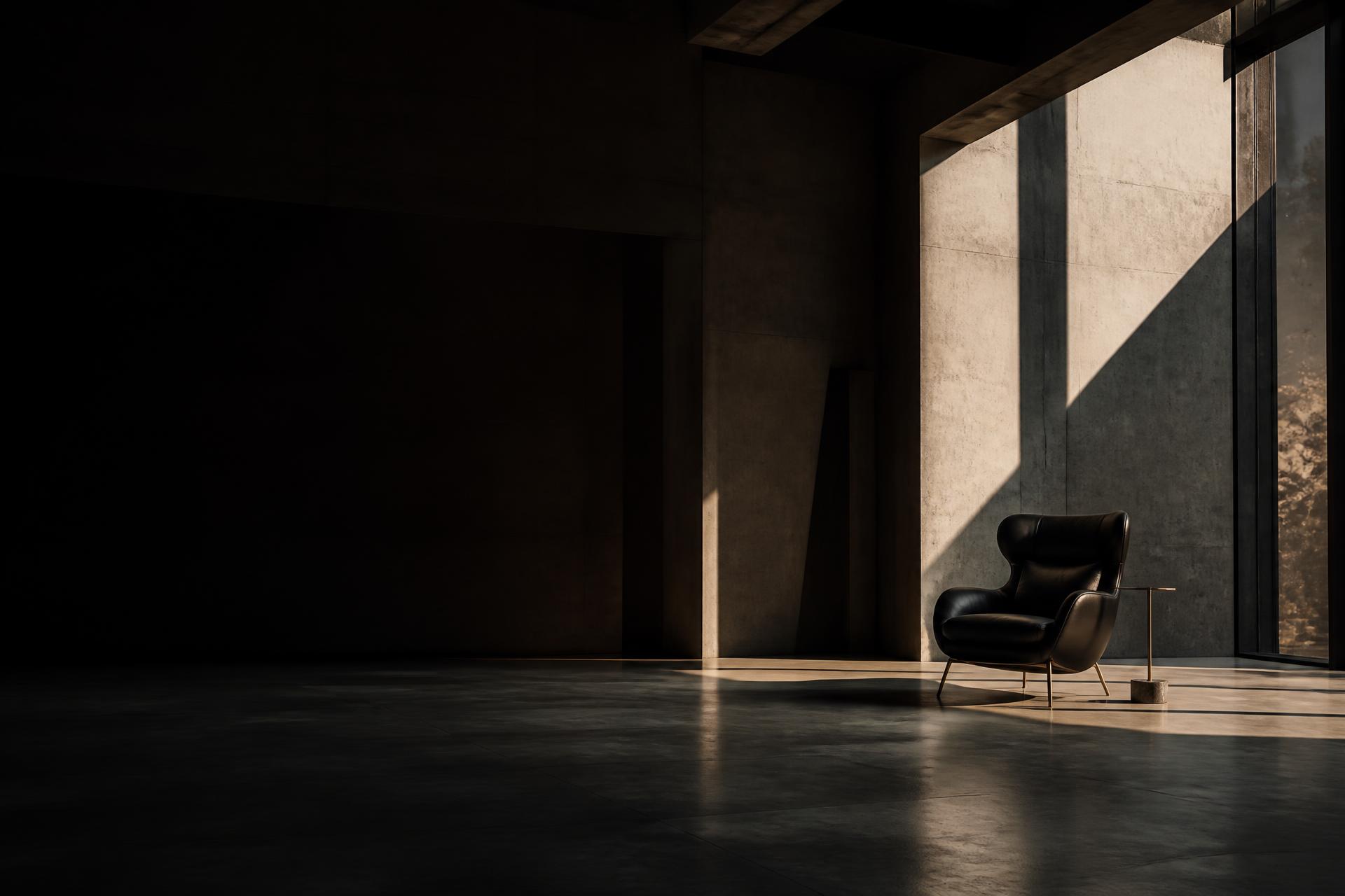 A solitary chair in a monumental room, representing a place for mindset marketing strategy and coaching