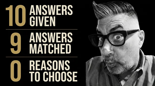 Peter Anthony beside an infographic showing ten answers given, nine matched and zero reasons to choose