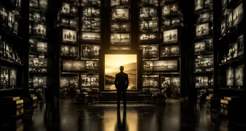 A business owner before a wall of dim screens, one glowing gold with a clear answer