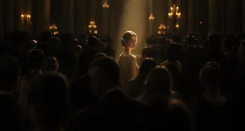 One person in warm golden light, singled out of an anonymous crowd