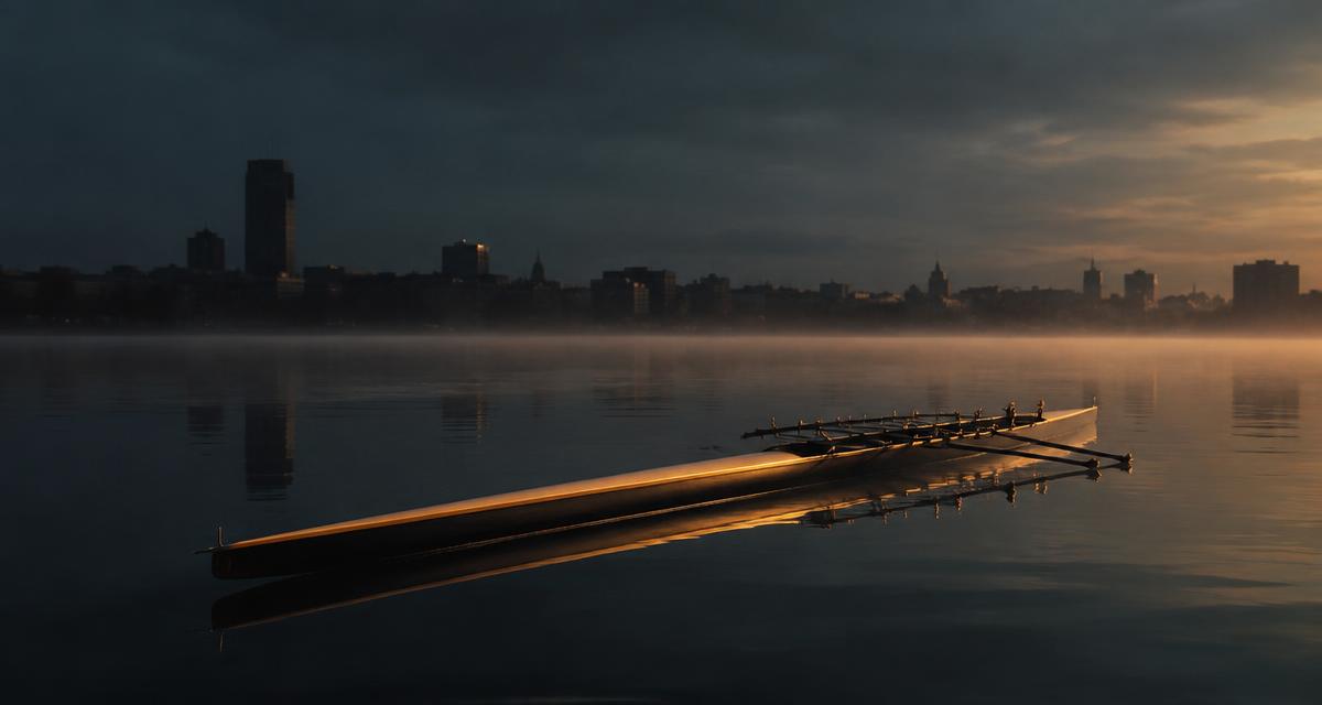An empty racing shell cutting through dark water at dawn