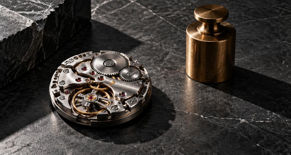 A precision watch movement and brass weight on charcoal stone