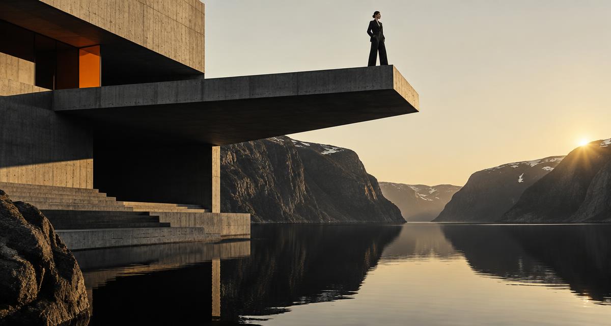 A solitary founder standing above still water on monumental architecture