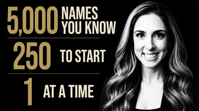 Lindsey Passamonte beside an infographic: 5,000 names you know, 250 to start, 1 at a time