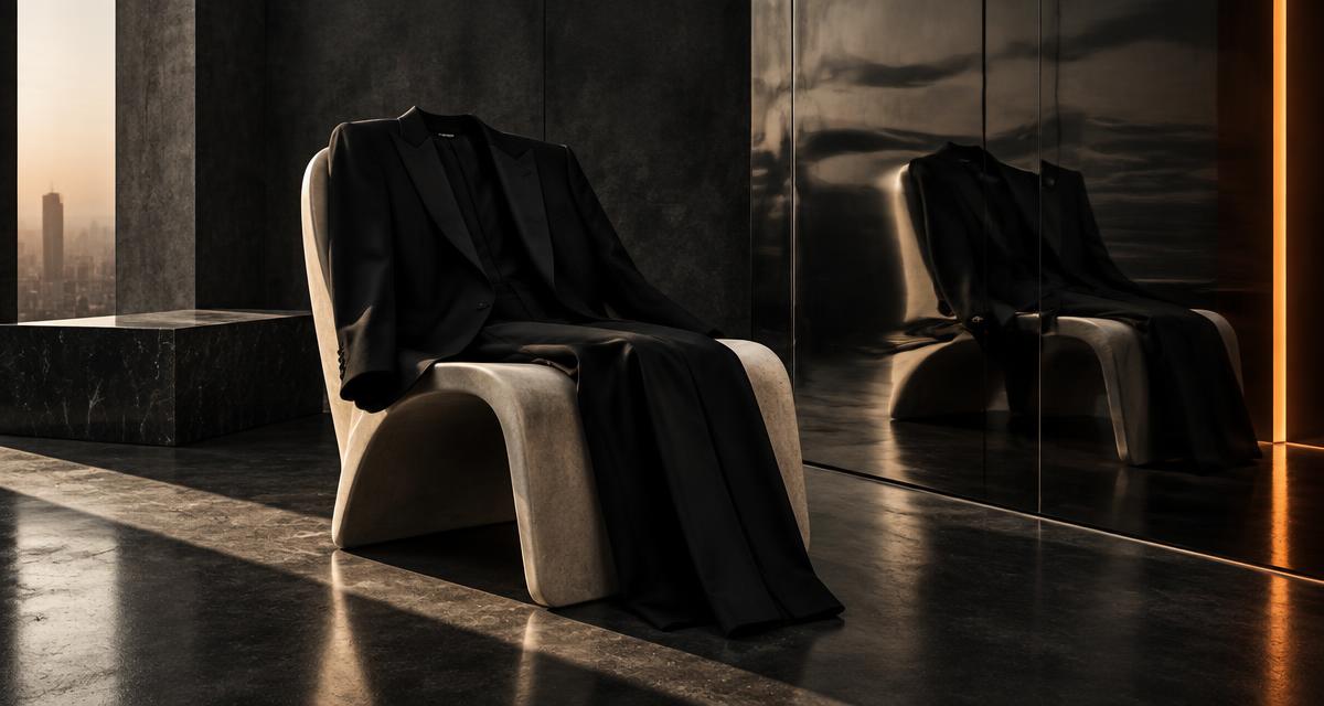 An immaculate black suit reflected in smoked glass
