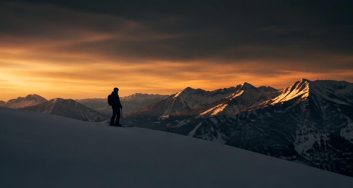 A lone skier standing above fresh powder at dusk in the mountains
