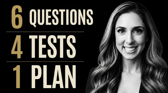 Lindsey Passamonte beside an infographic: 6 questions, 4 tests, 1 plan