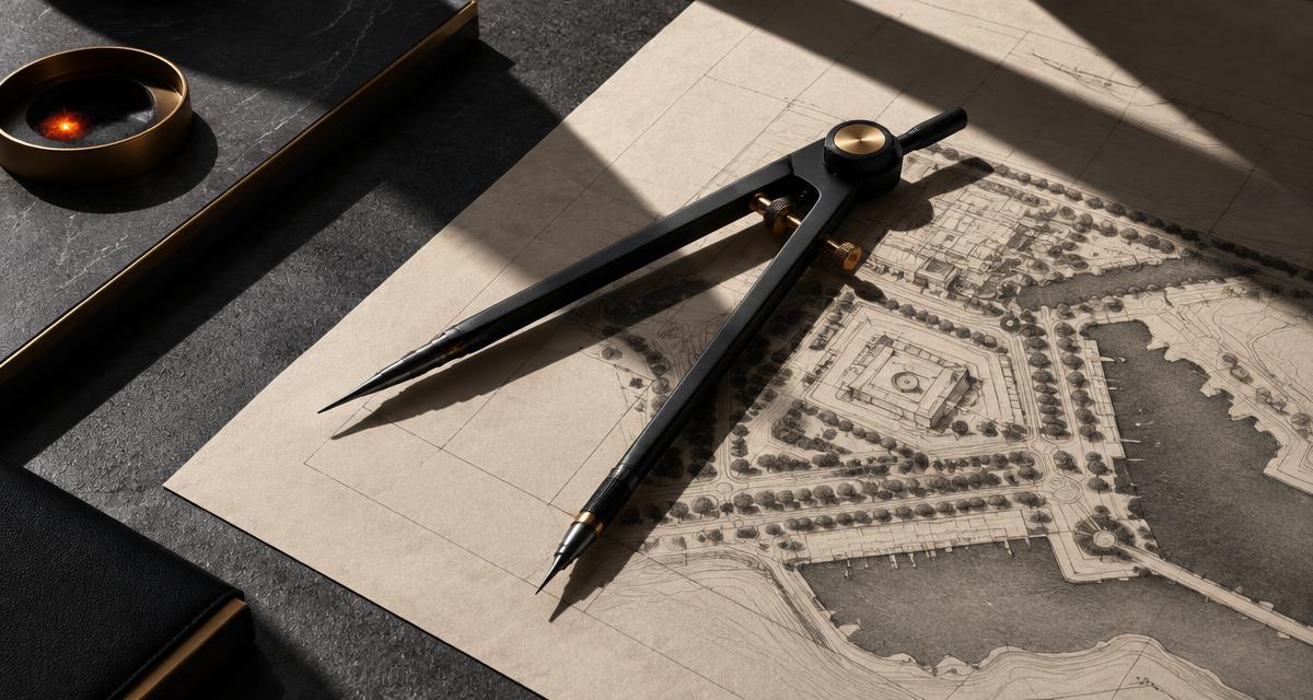 A precision drafting instrument across an architectural plan
