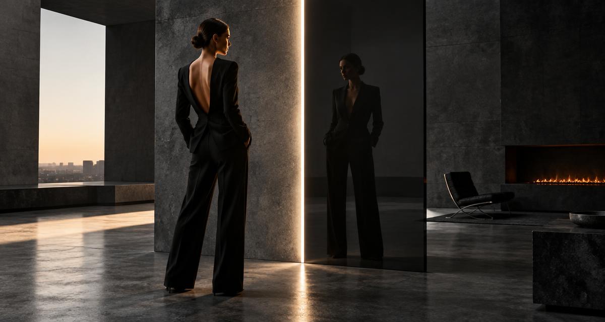 A founder facing her reflection in a monumental charcoal room