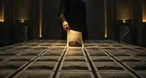 A hand lifting one warm-lit page from a table of identical marketing pages